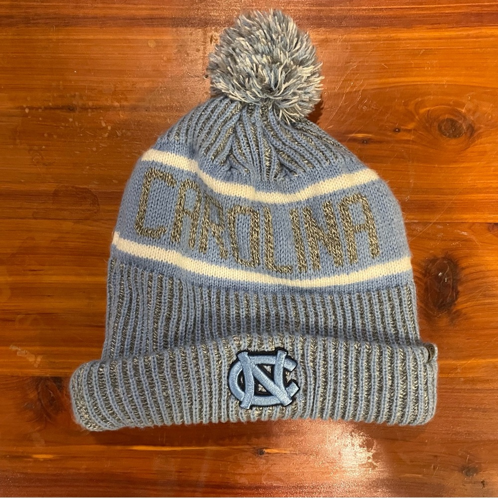 Blue and White UNC Knit Beanie with Pom-Pom